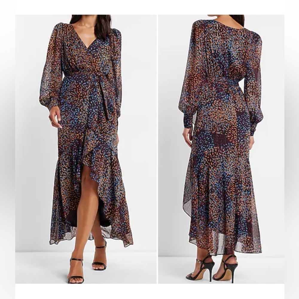 Express Metallic Printed Faux Wrap Ruffle Hi-Lo V-neck‎ Maxi Dress medium